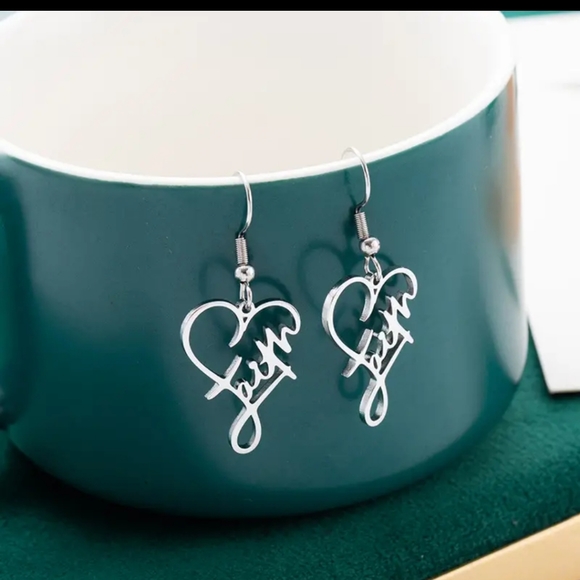 Faith Heart Fishook Dangle Earrings Silver Plated New in Package - Picture 3 of 6